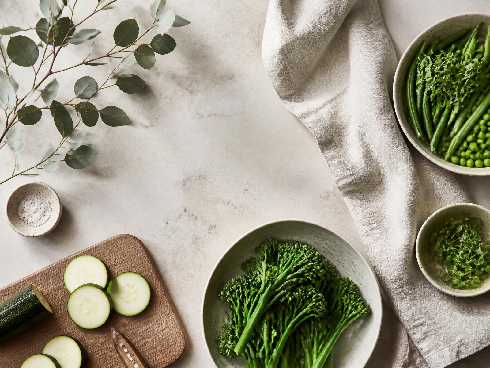 Fresh vegetables and linen on a calm stone kitchen counter